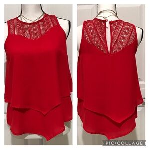 MONTEAU Women’s Red Sleeveless Crochet Trim Layered Keyhole Back Top